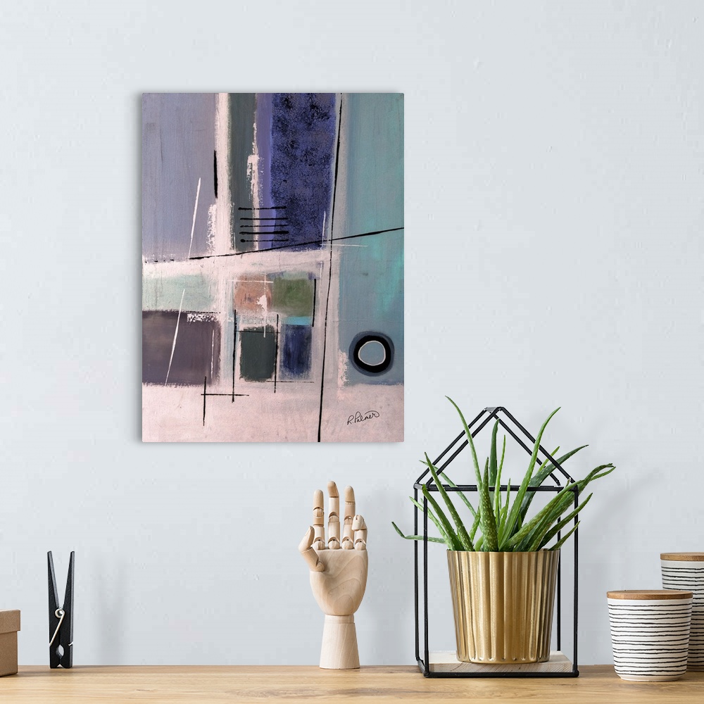 A bohemian room featuring Abstract painting with a modern using geometric shapes and thin lines in shades of purple, blue, ...