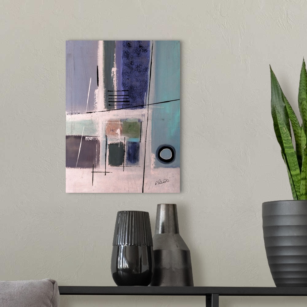 A modern room featuring Abstract painting with a modern using geometric shapes and thin lines in shades of purple, blue, ...