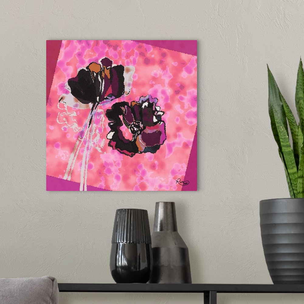 A modern room featuring Square pink and purple abstract floral art made in a mosaic style.