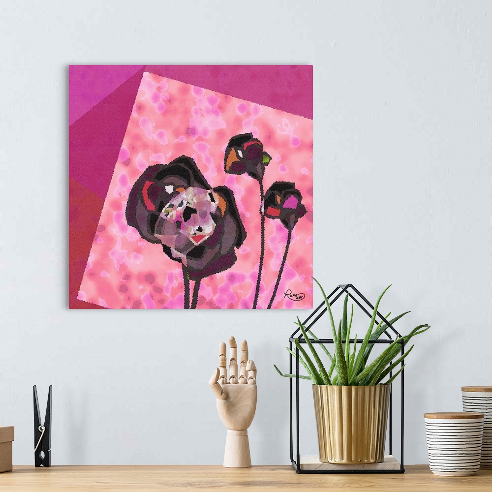 A bohemian room featuring Square pink and purple abstract floral art made in a mosaic style.