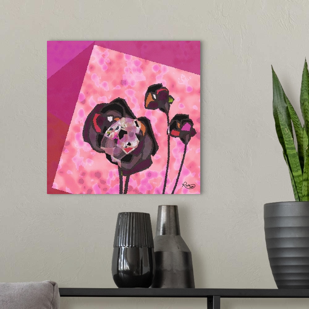 A modern room featuring Square pink and purple abstract floral art made in a mosaic style.
