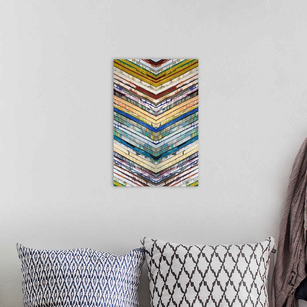 A bohemian room featuring Contemporary abstract painting of slatted colorful bars in a chevron pattern pointing down.