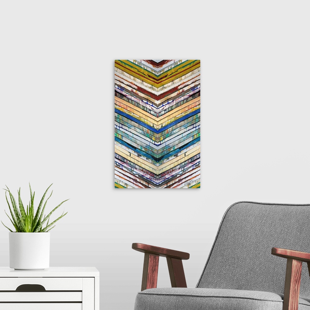 A modern room featuring Contemporary abstract painting of slatted colorful bars in a chevron pattern pointing down.