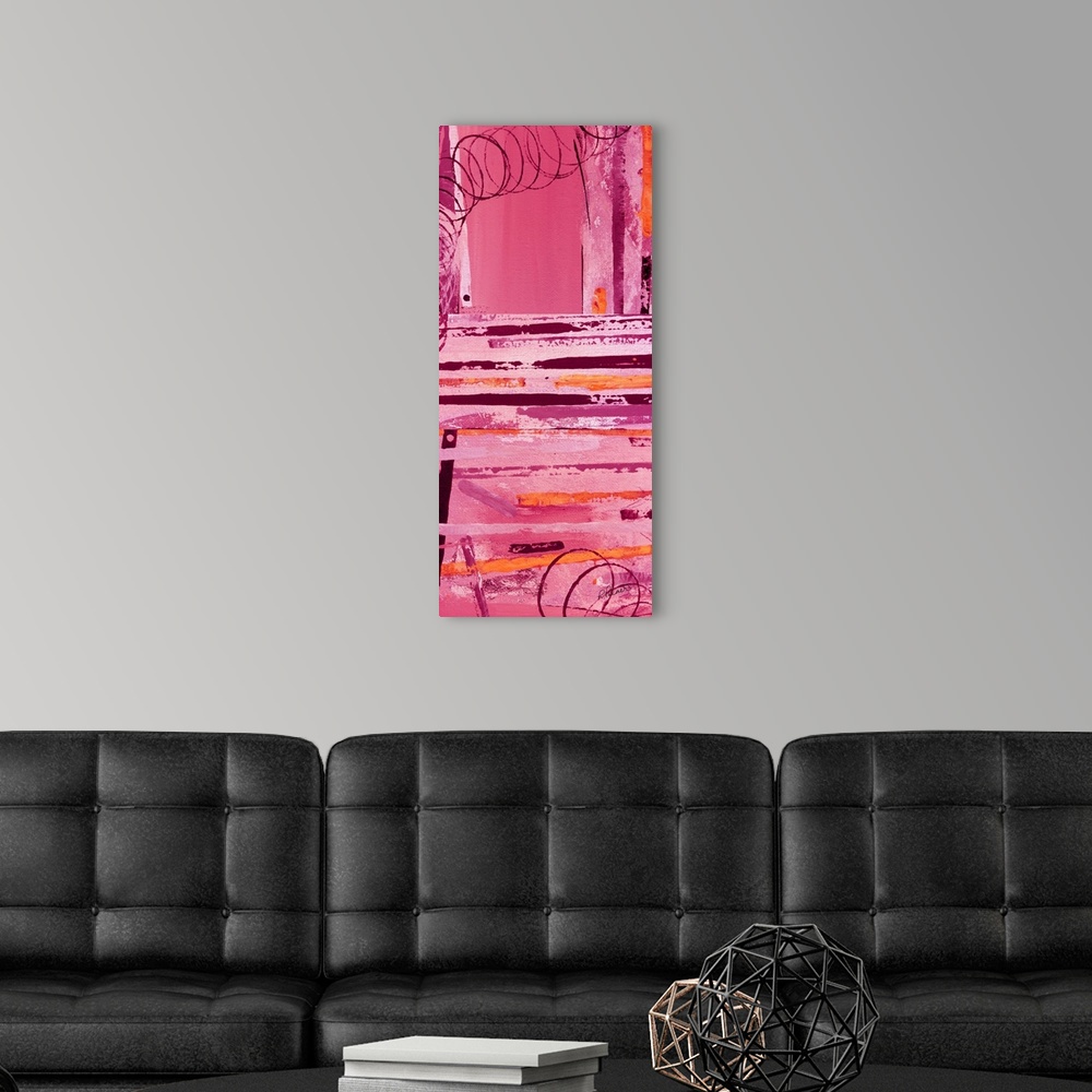 A modern room featuring Tall abstract painting in shades of pink, red, and orange with maroon swirling designs on top.