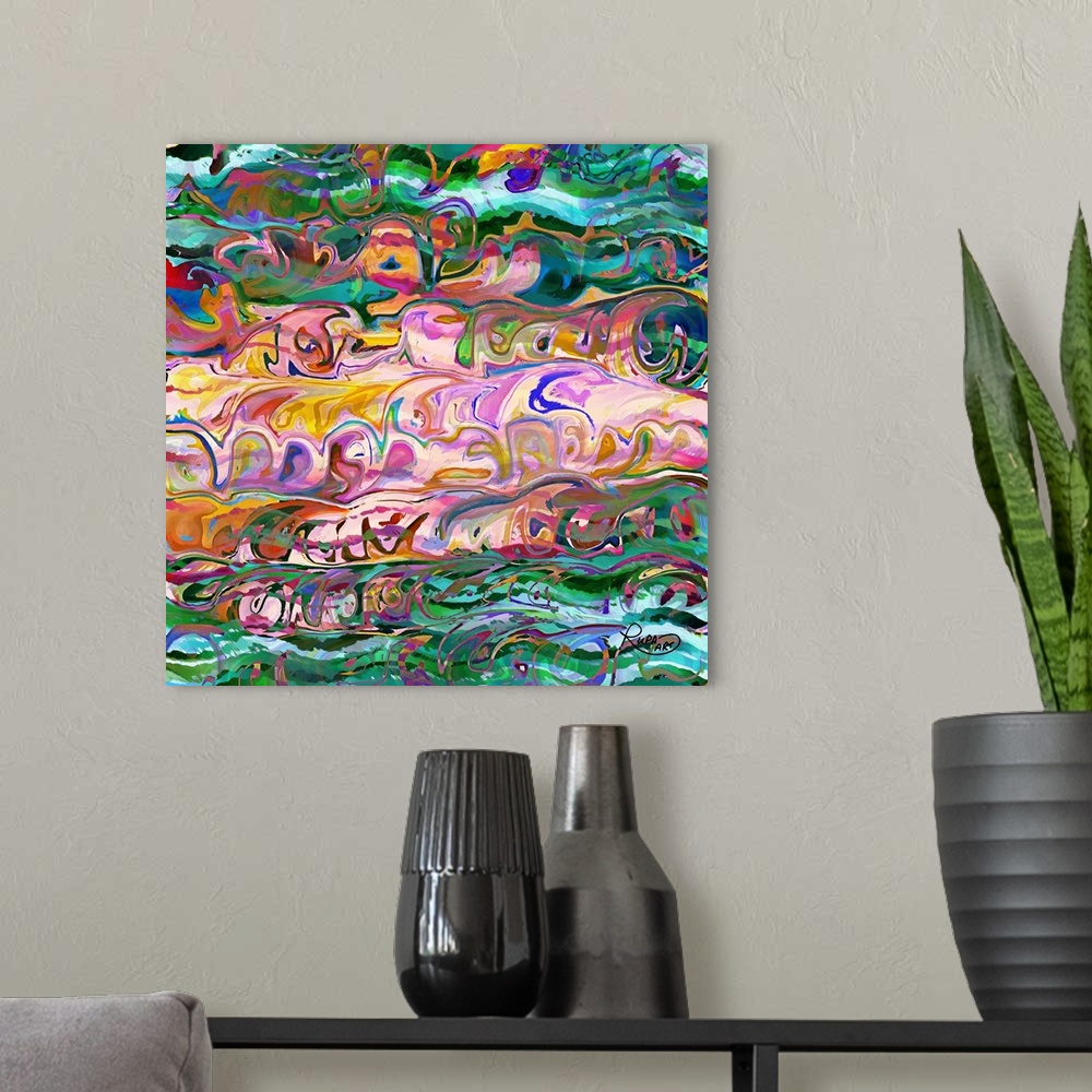 A modern room featuring Square abstract art with wave-like patterns of bright colors meshed together.