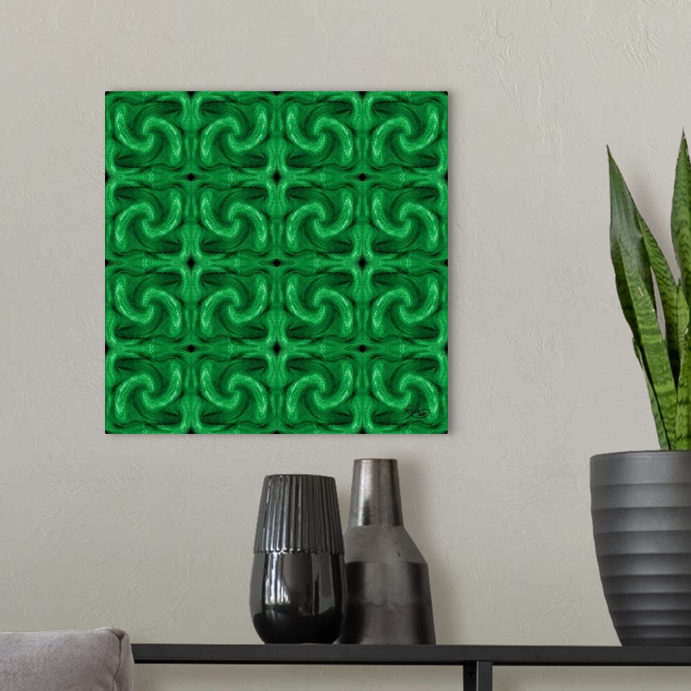 A modern room featuring Contemporary digital art of emerald green links in a repeating pattern.