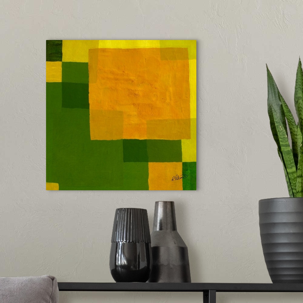 A modern room featuring Square abstract painting with layered geometric squares in shades of green and yellow.