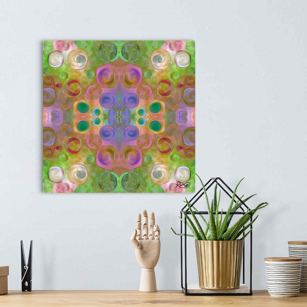 A bohemian room featuring Square abstract art with circulars shapes and a symmetric pattern.