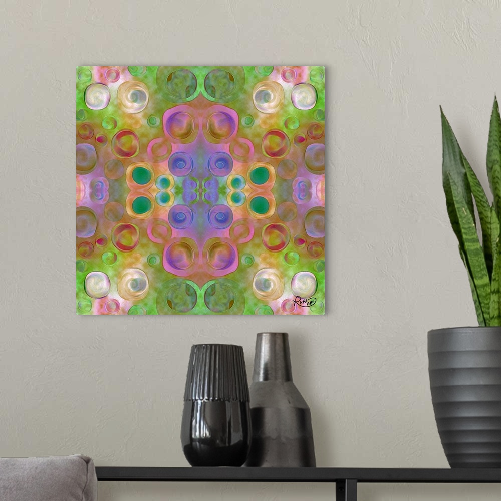 A modern room featuring Square abstract art with circulars shapes and a symmetric pattern.