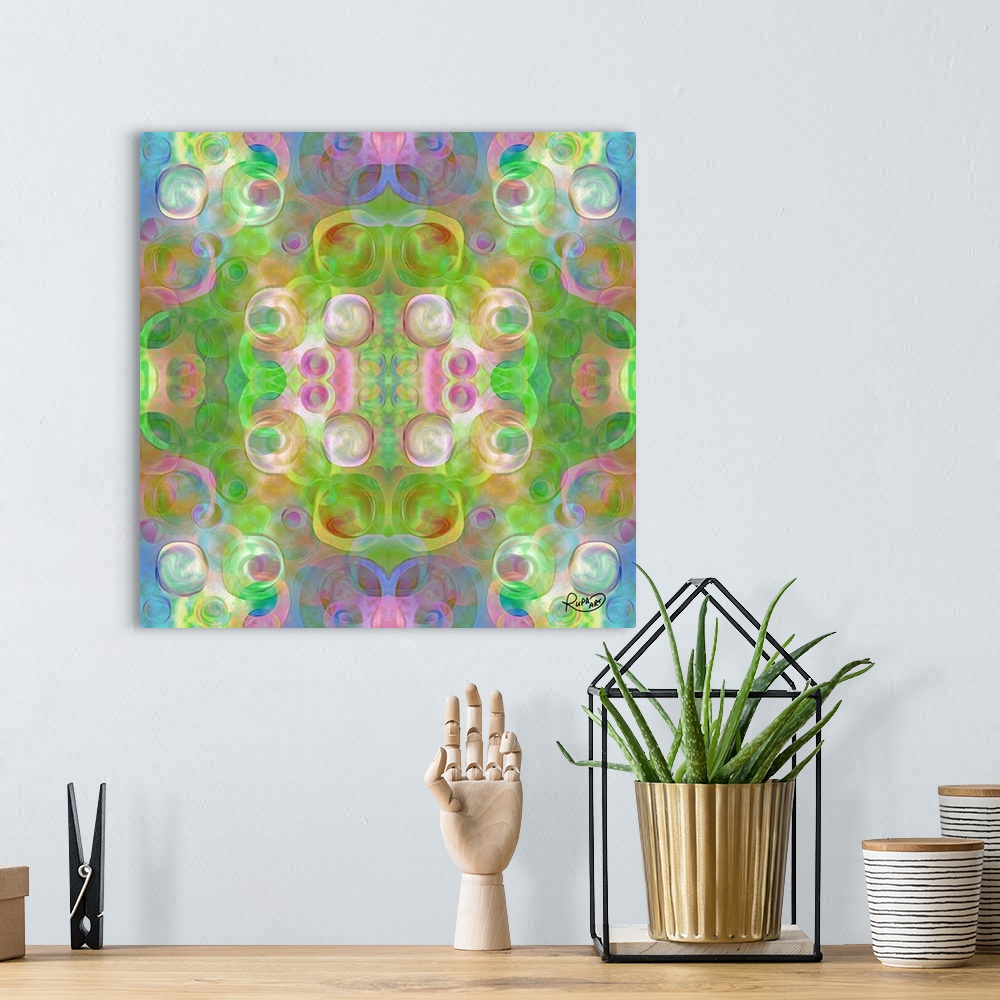 A bohemian room featuring Square abstract art with circulars shapes and a symmetric pattern.