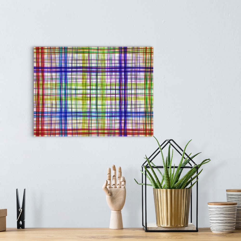A bohemian room featuring Colorful lines in a cross hatching pattern making a grid design.