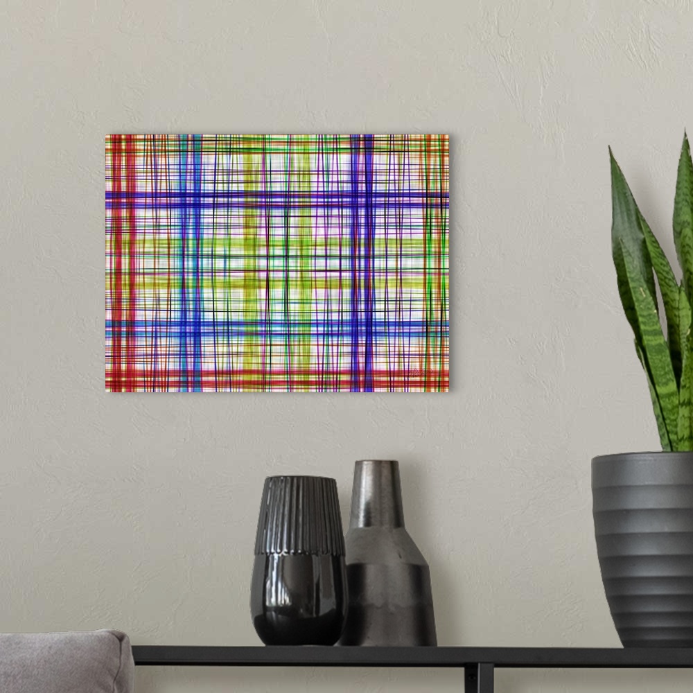 A modern room featuring Colorful lines in a cross hatching pattern making a grid design.