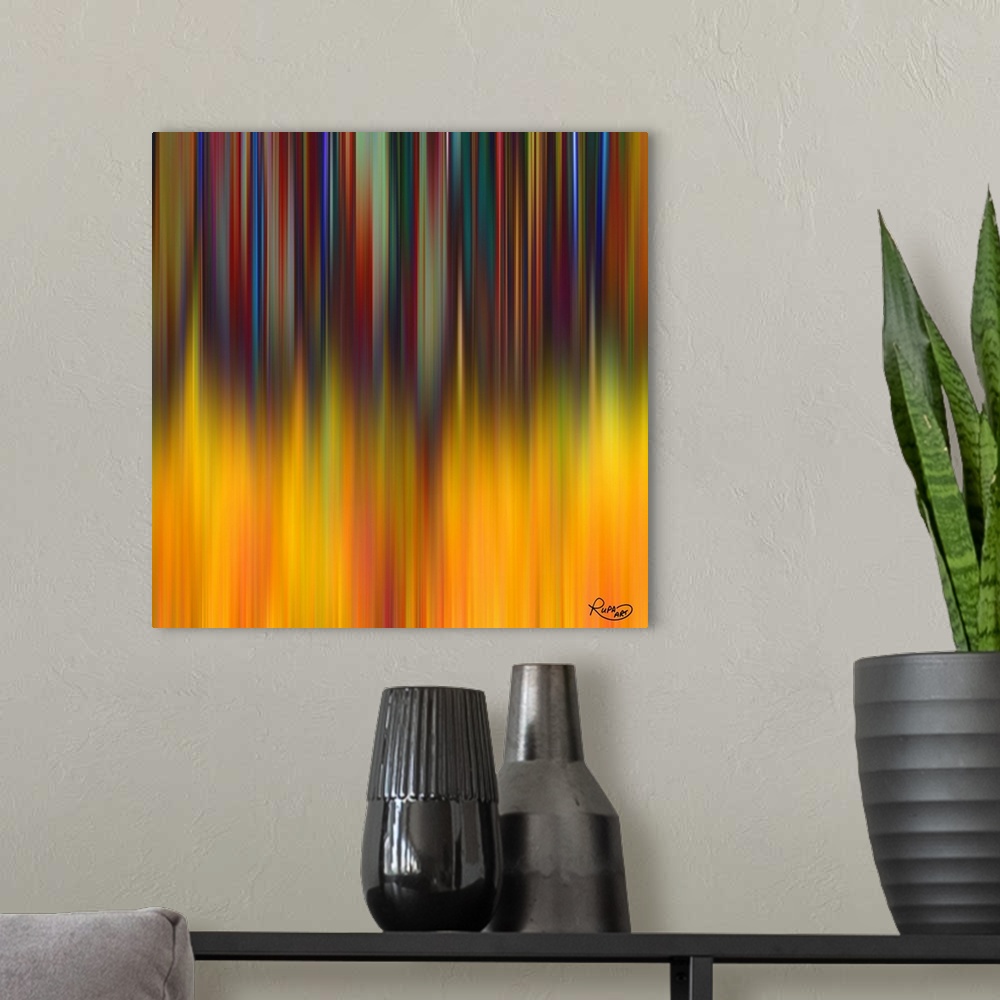 A modern room featuring Square abstract art with dark, colorful hues in thin, vertical lines falling from the top down to...