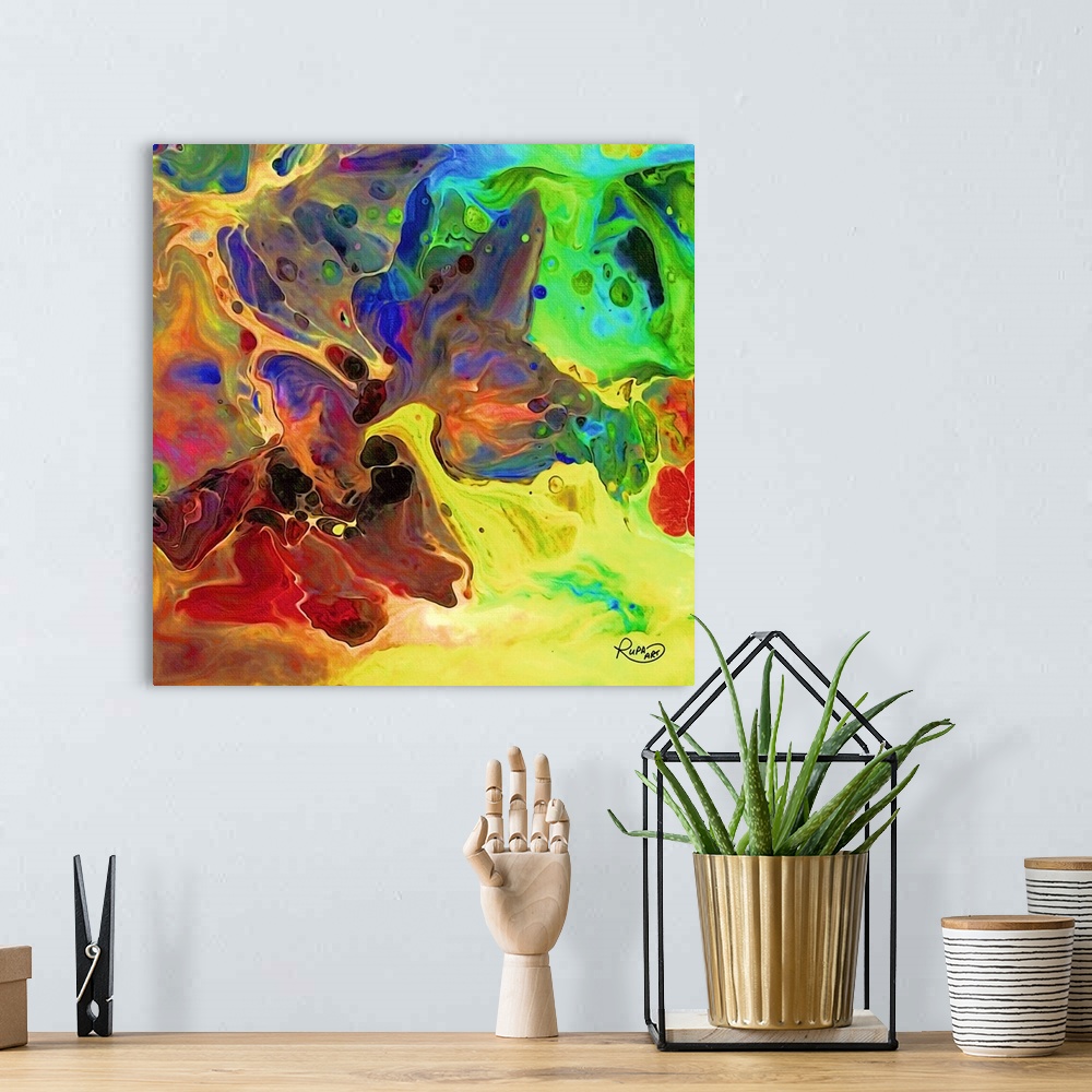 A bohemian room featuring Colorful square abstract art.