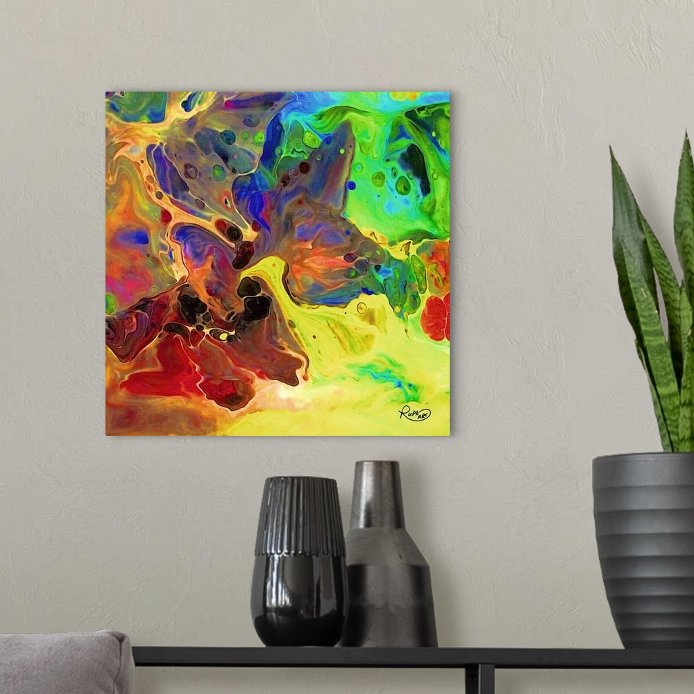 A modern room featuring Colorful square abstract art.