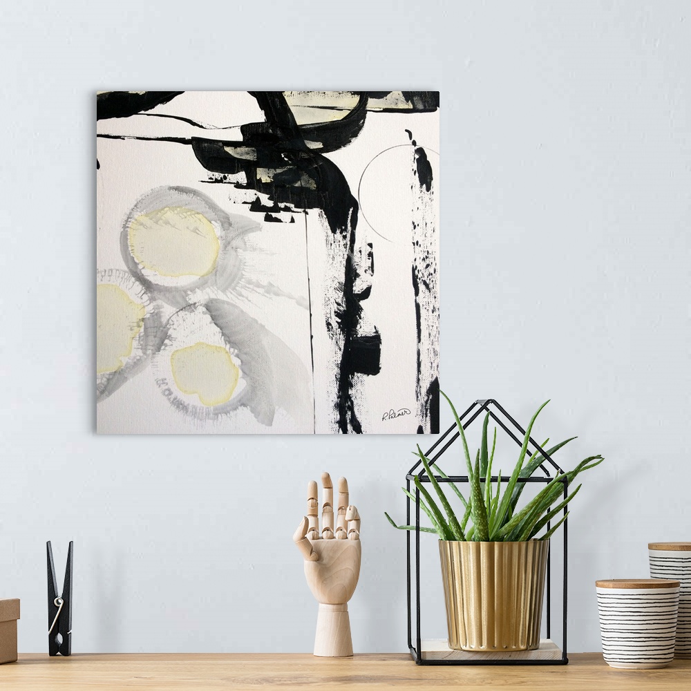 A bohemian room featuring Square abstract painting in black, white, gray, and yellow hues with bold brushstrokes creating m...