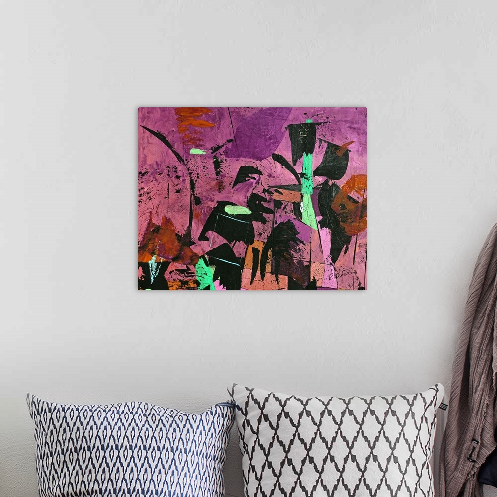 A bohemian room featuring Abstract painting with various shades of pink and purple on the background and bold black marking...