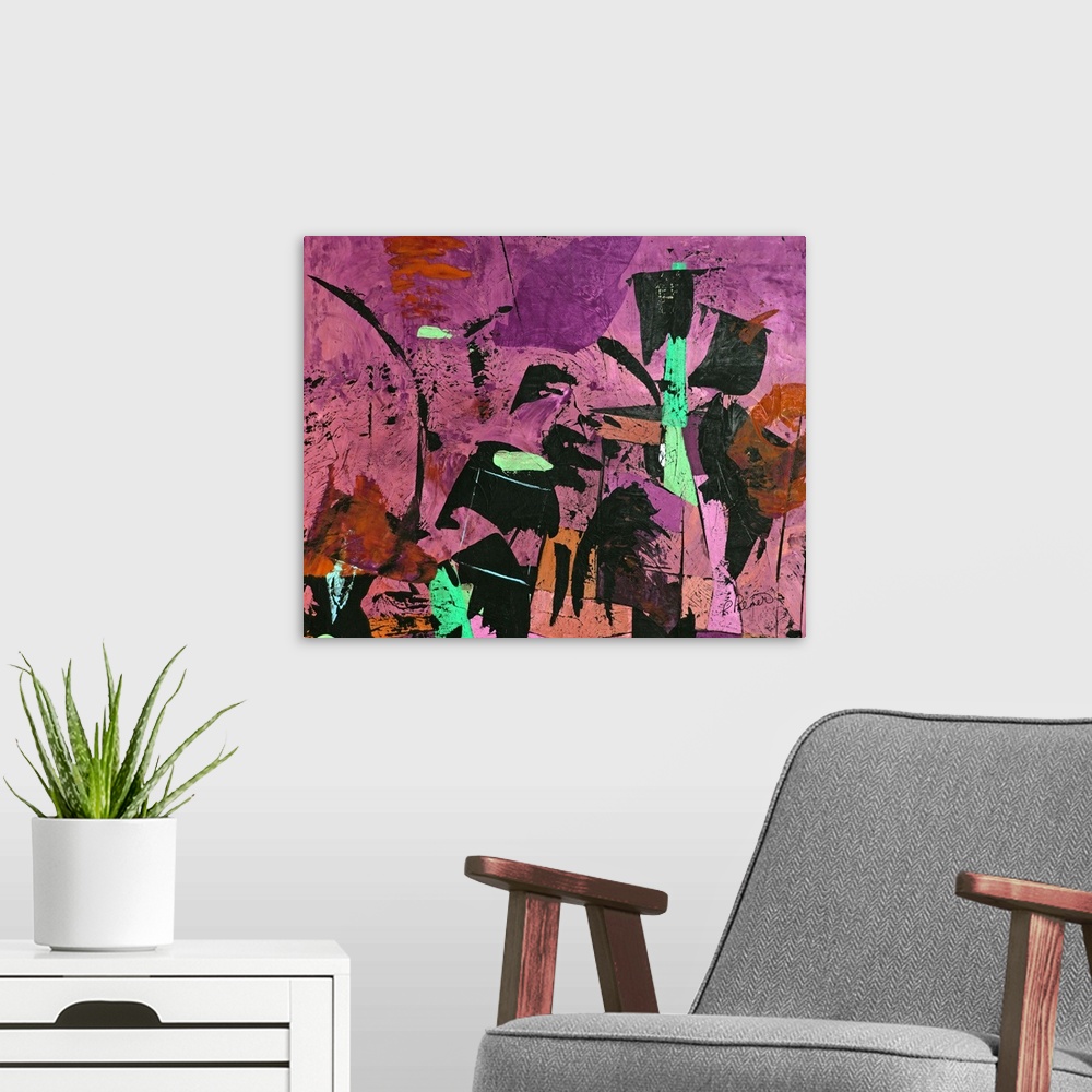 A modern room featuring Abstract painting with various shades of pink and purple on the background and bold black marking...