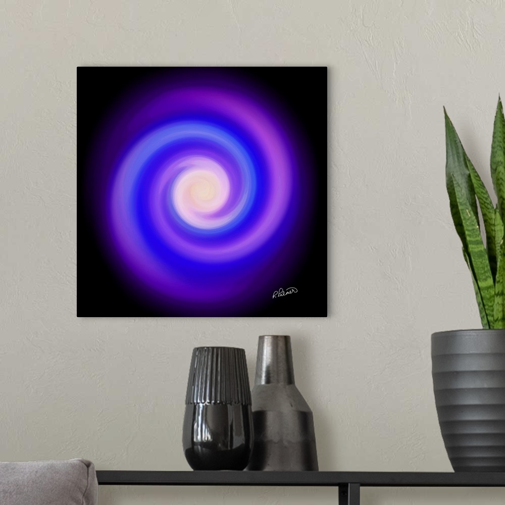 A modern room featuring Square image of swirls of colors in purple and blue, forming a circle.