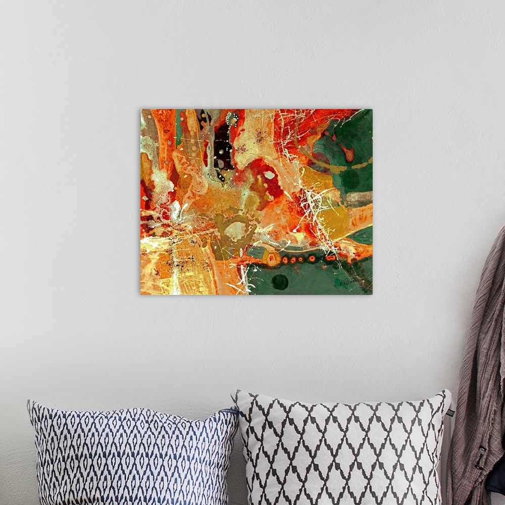 A bohemian room featuring A contemporary abstract painting using fiery warm colors and aggressive paint splatter.