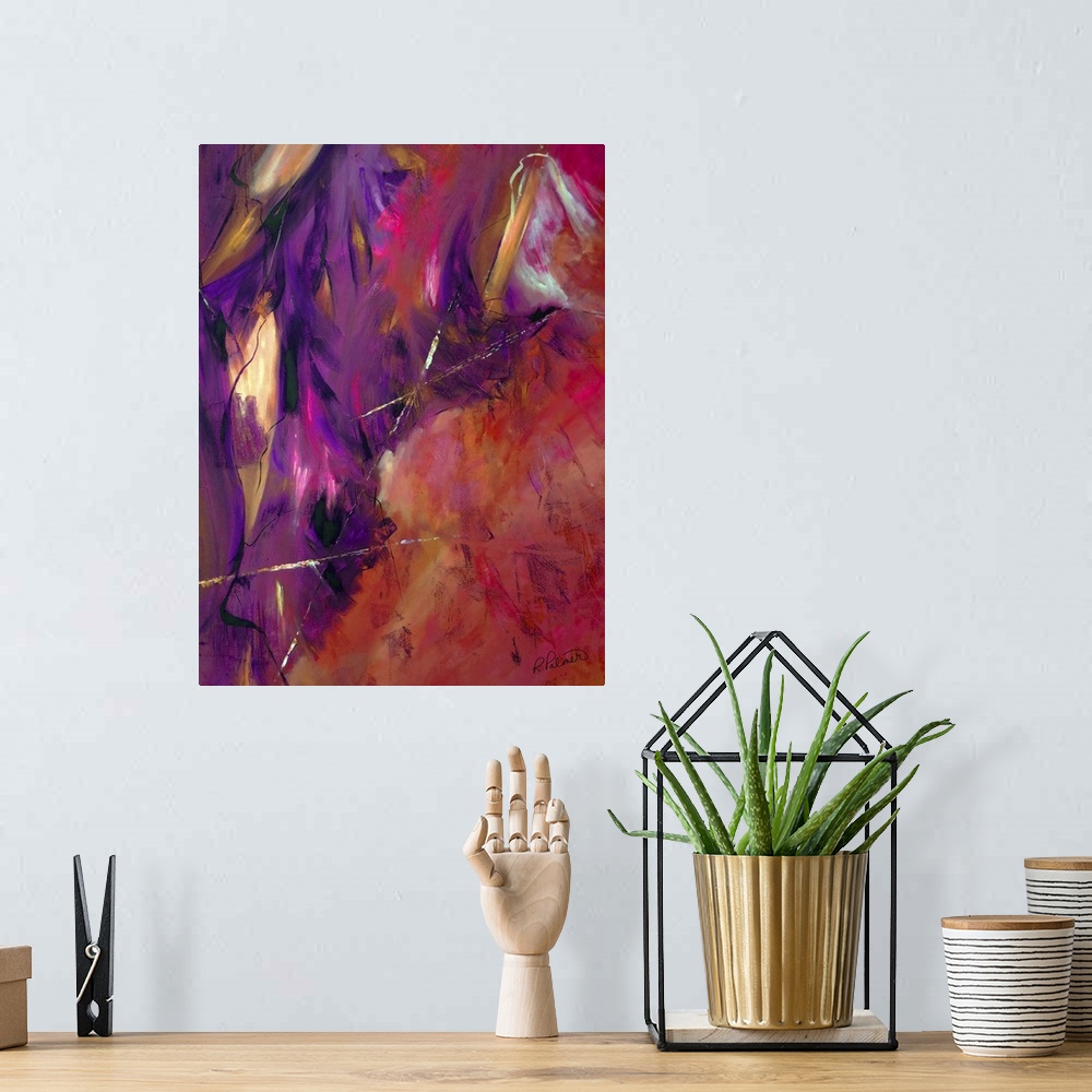 A bohemian room featuring Abstract painting using shades of red, pink, purple, black, and orange with small hints of bright...