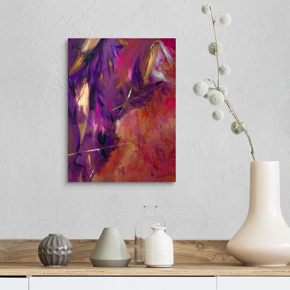 A farmhouse room featuring Abstract painting using shades of red, pink, purple, black, and orange with small hints of bright...
