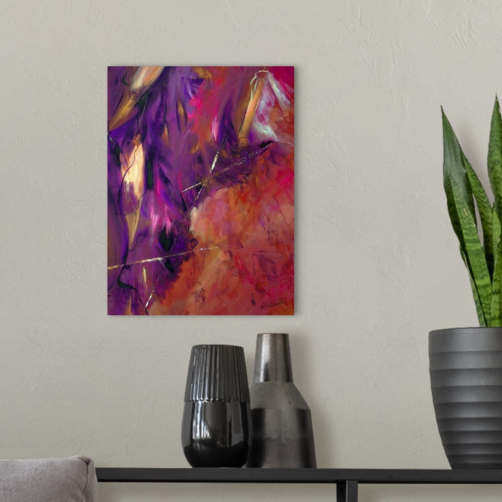 A modern room featuring Abstract painting using shades of red, pink, purple, black, and orange with small hints of bright...