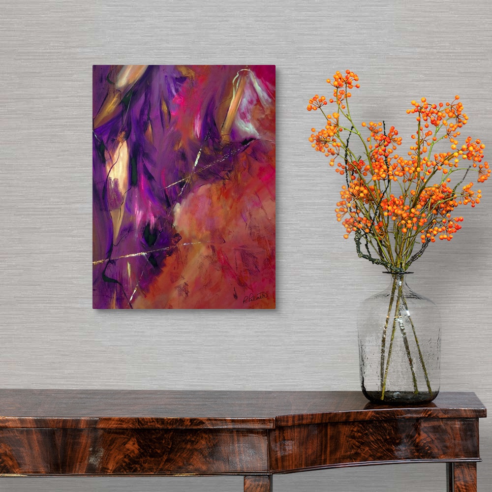 A traditional room featuring Abstract painting using shades of red, pink, purple, black, and orange with small hints of bright...