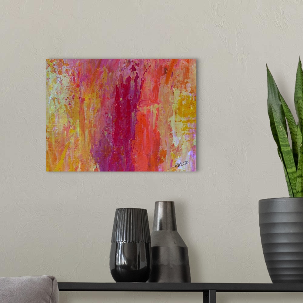 A modern room featuring Warm toned abstract painting with vertically layered brushstrokes creating texture and depth.