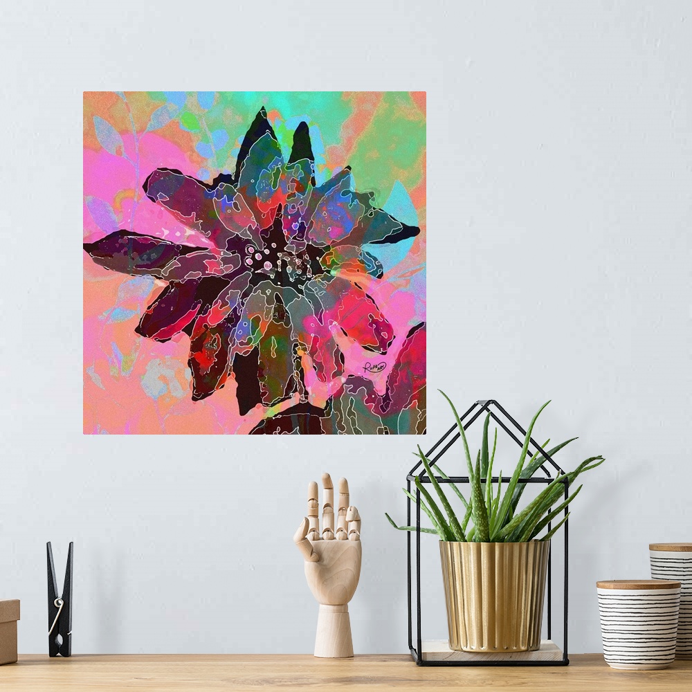 A bohemian room featuring Square abstract art of a flower made up of patches of different dark colors on a pastel colored b...