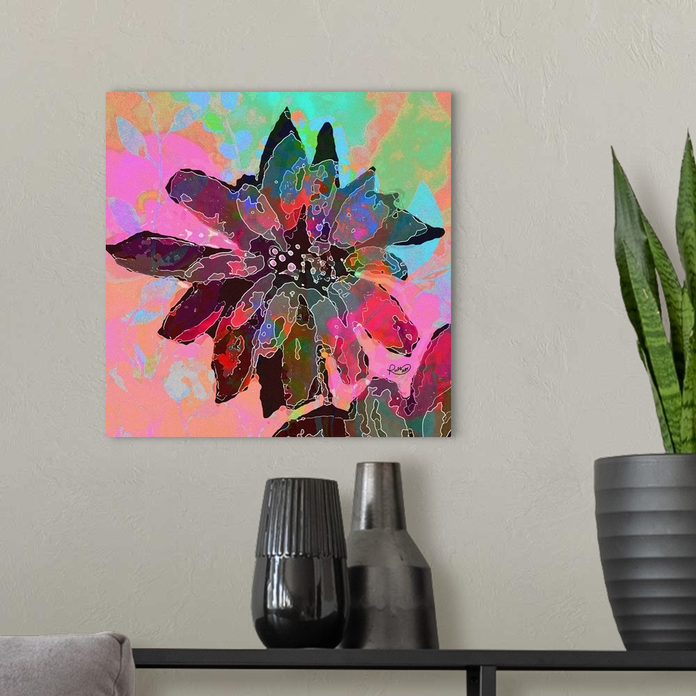 A modern room featuring Square abstract art of a flower made up of patches of different dark colors on a pastel colored b...