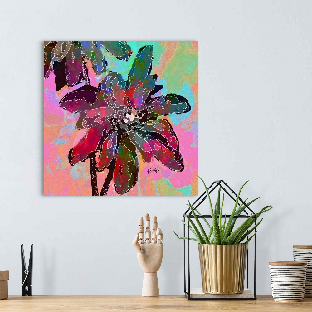 A bohemian room featuring Square abstract art of flowers made up of patches of different dark colors on a pastel colored ba...