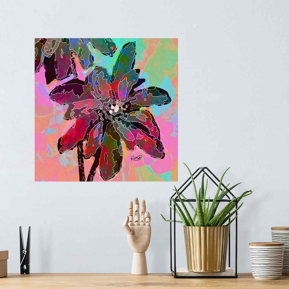 A bohemian room featuring Square abstract art of flowers made up of patches of different dark colors on a pastel colored ba...