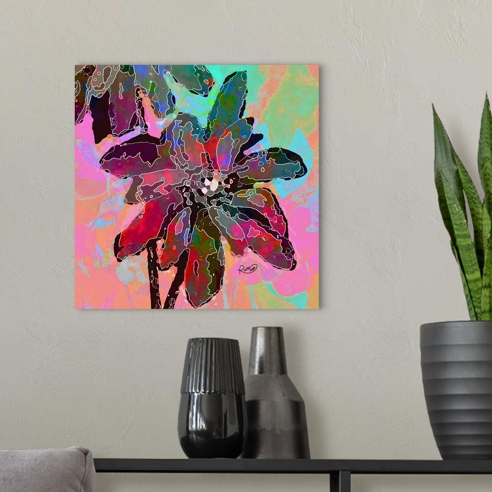A modern room featuring Square abstract art of flowers made up of patches of different dark colors on a pastel colored ba...