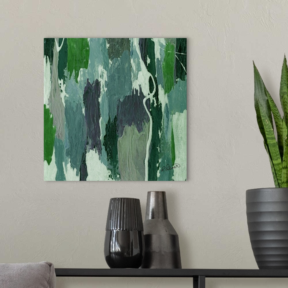 A modern room featuring Square abstract painting with thick vertical brushstrokes in shades of green.