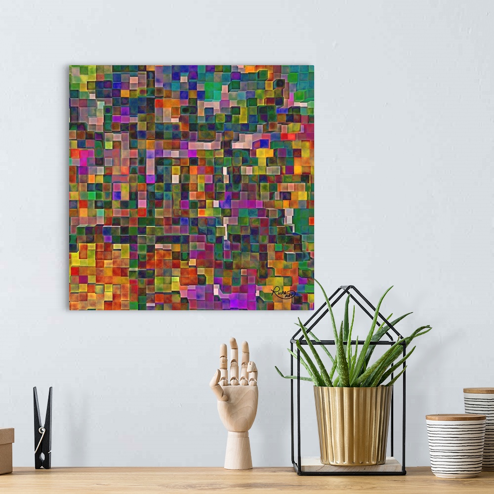 A bohemian room featuring Square abstract art that is made up with tiny squares filled with color creating a grid-like patt...