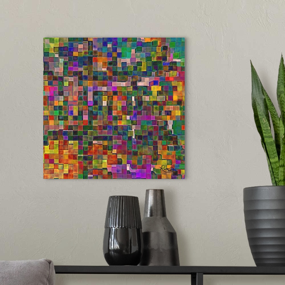 A modern room featuring Square abstract art that is made up with tiny squares filled with color creating a grid-like patt...