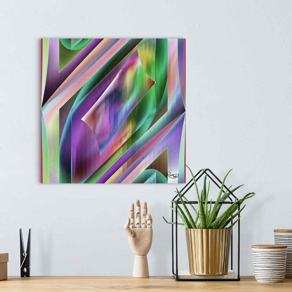 A bohemian room featuring Contemporary digital artwork of intersecting geometric shapes in green and purple.