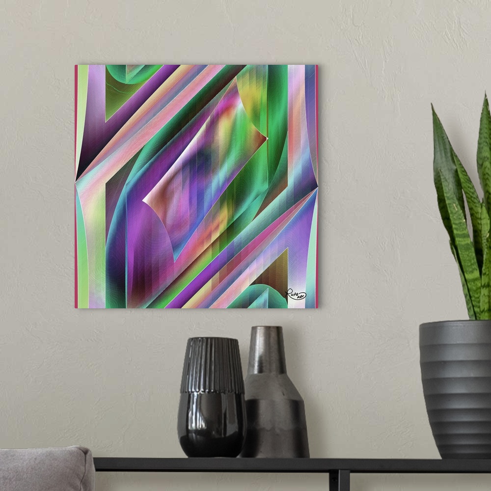 A modern room featuring Contemporary digital artwork of intersecting geometric shapes in green and purple.