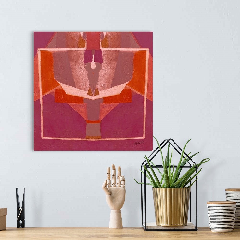 A bohemian room featuring Square abstract painting with pink and orange symmetrical designs.