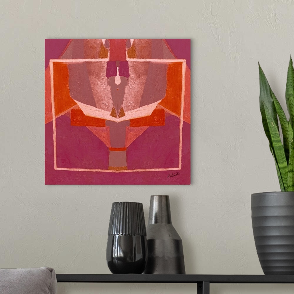 A modern room featuring Square abstract painting with pink and orange symmetrical designs.