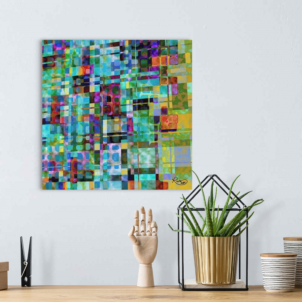 A bohemian room featuring Colorful abstract art with busy lines and shapes