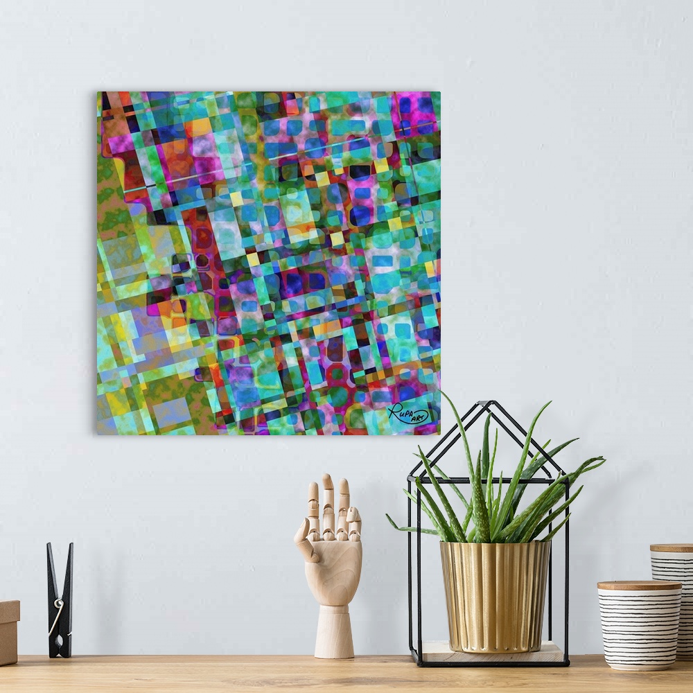 A bohemian room featuring Colorful abstract art with busy lines and shapes.
