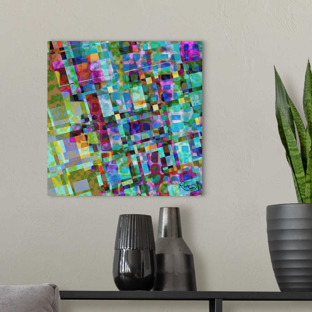 A modern room featuring Colorful abstract art with busy lines and shapes.