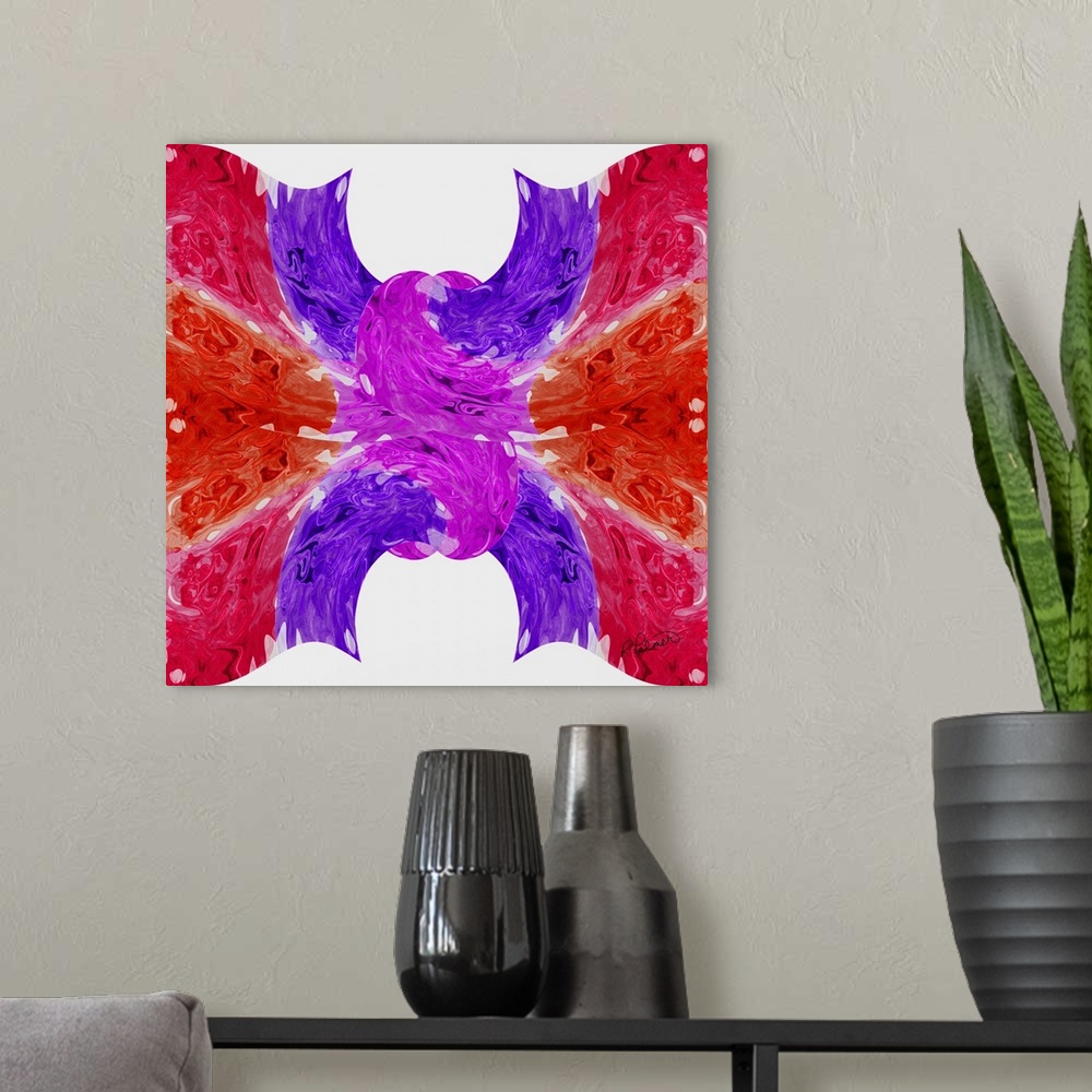 A modern room featuring A square design of purple and red colors in the shape of a knot on a white backdrop.