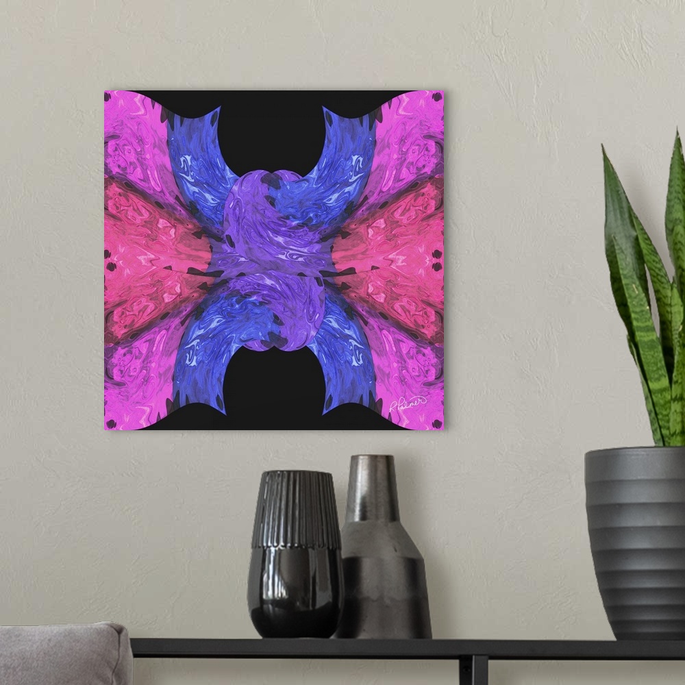 A modern room featuring A square design of purple, blue and pink colors in the shape of a knot on a black backdrop.