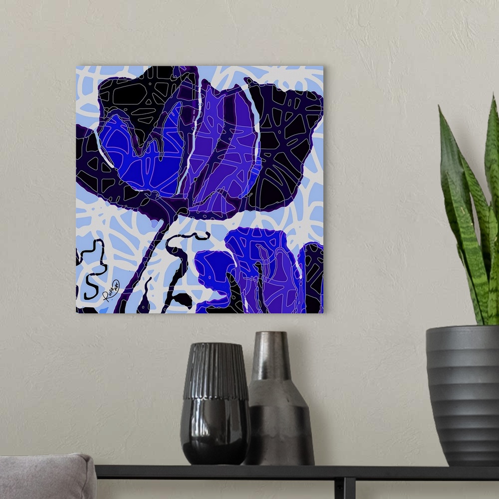 A modern room featuring Square abstract art of a large black and blue flower with white outlined designs on top.
