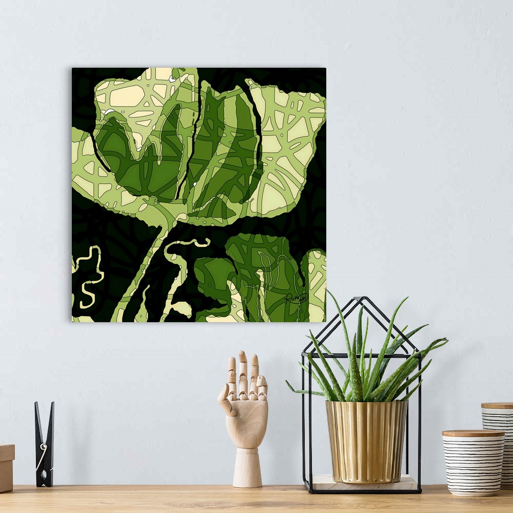 A bohemian room featuring Square abstract art of a large green flower with a lined design on top on a black background.
