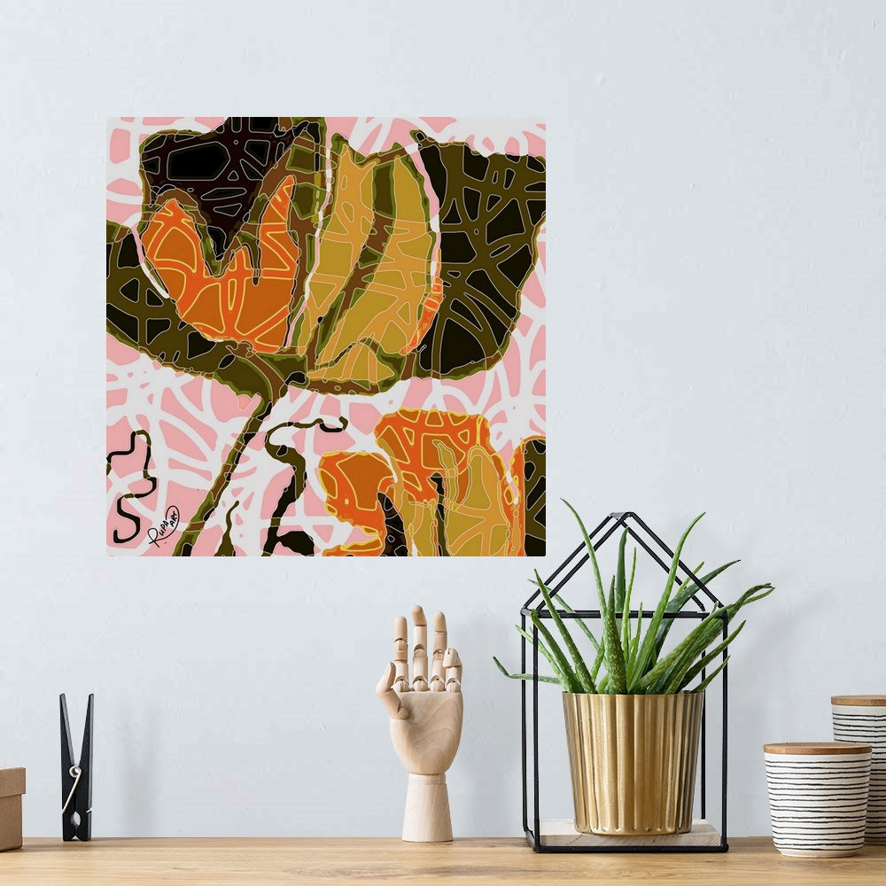 A bohemian room featuring Square abstract art of a large black and orange flower with white outlined designs on top.