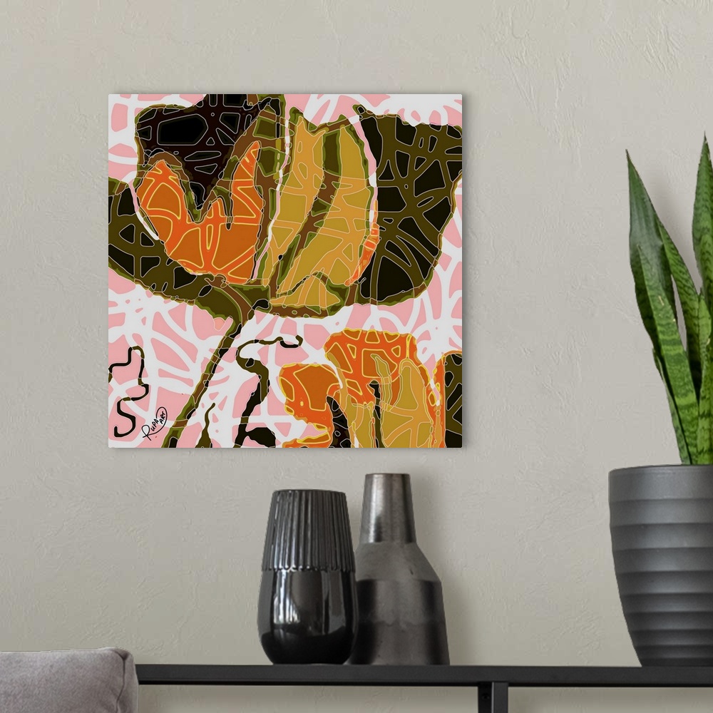 A modern room featuring Square abstract art of a large black and orange flower with white outlined designs on top.